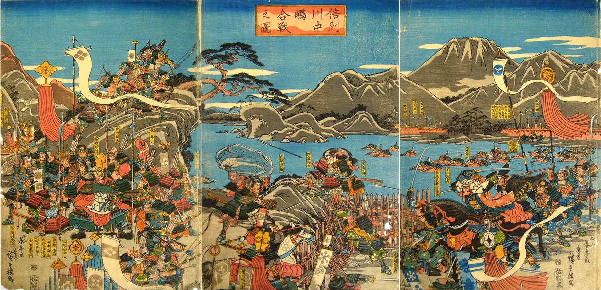 Ein farbenprächtiger japanischer Holzschnitt zweier gepanzerter Heerführer im Gefecht in der Schlacht von Kawanakajima